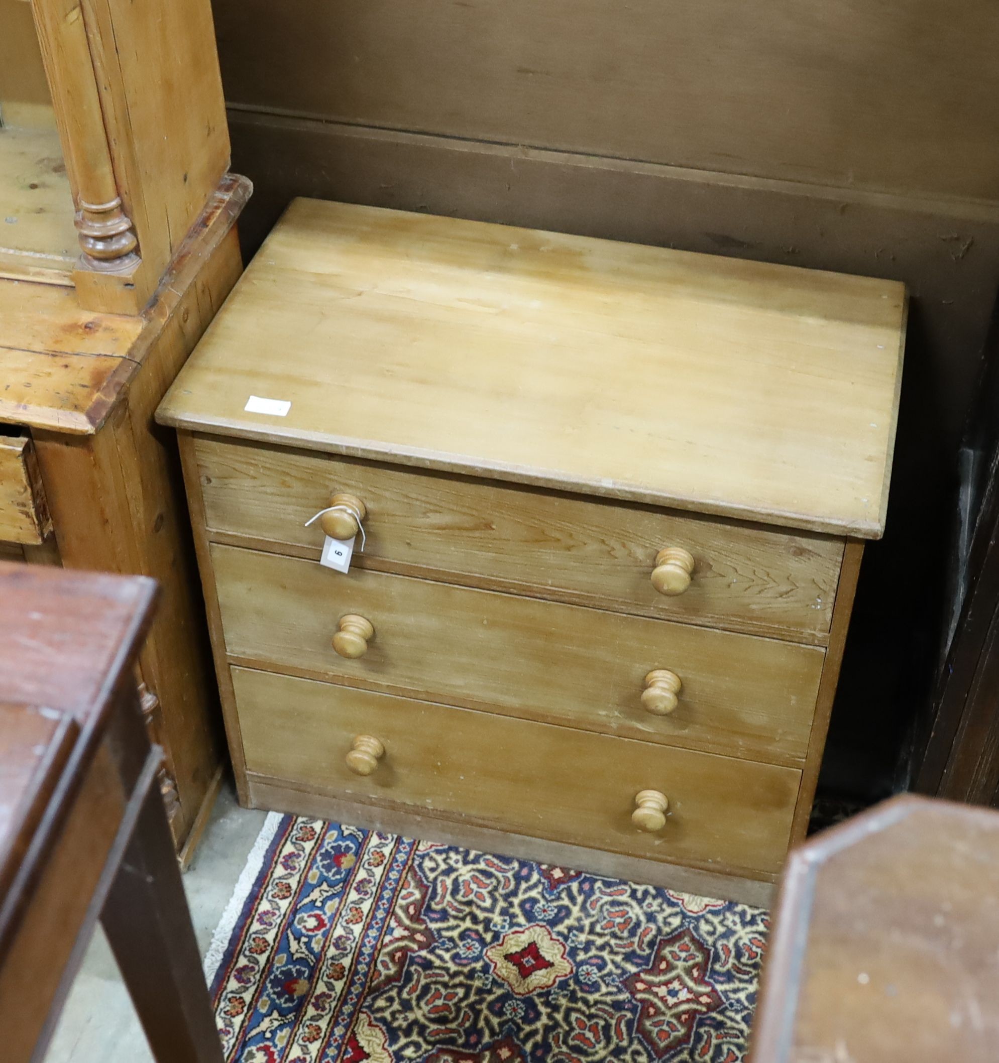 An early 20th century pine three drawer chest, width 86cm, depth 50cm, height 77cm